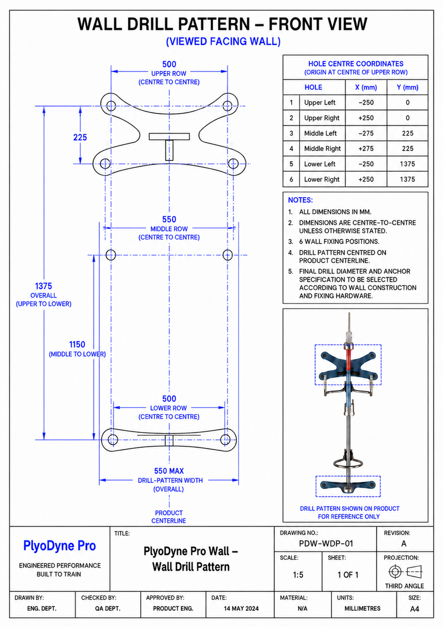Dimensioned PlyoDyne PRO WALL technical drill pattern showing six wall-fixing centres