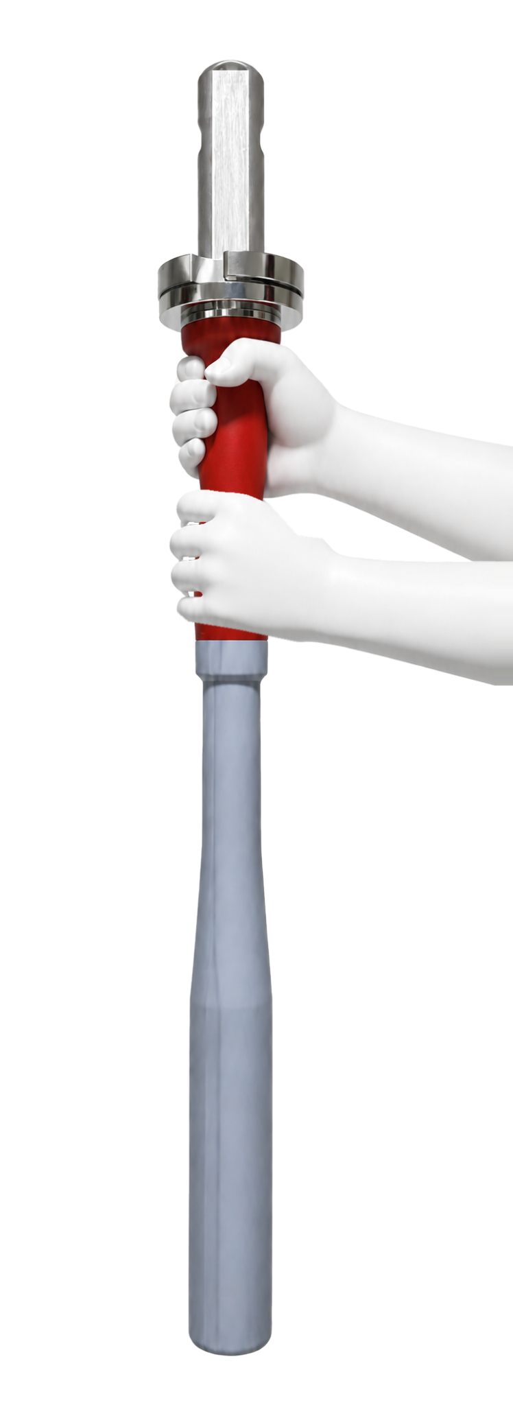 Neutral white figure hands showing two-handed control of the PlyoDyne handle