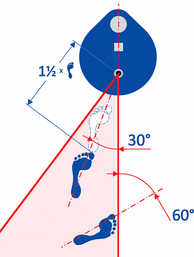 Technical reference showing the marked right-handed foot position for the PlyoDyne PRO ONE exercise area