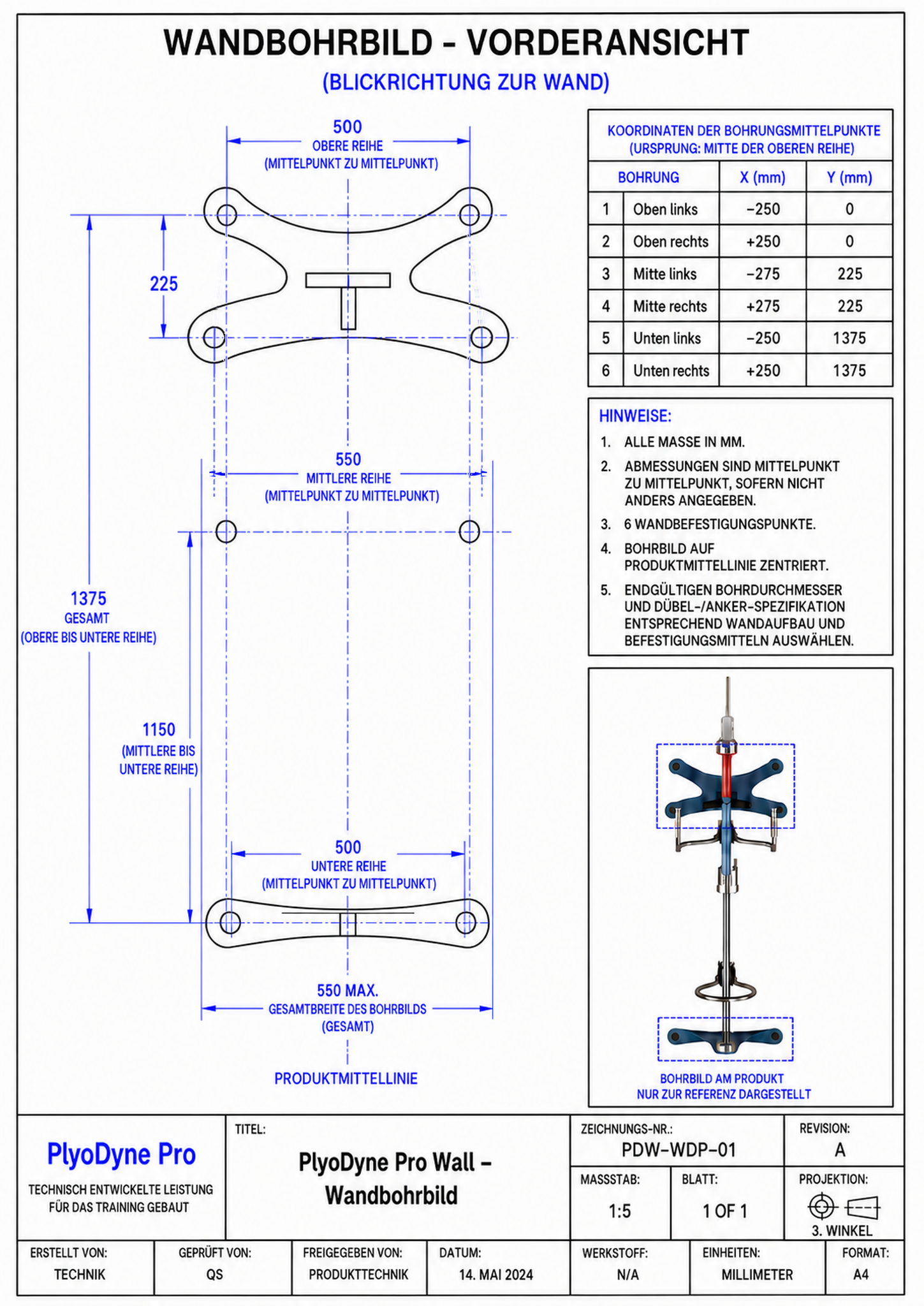 Bemaßtes technisches PlyoDyne PRO WALL Wandbohrbild mit sechs Wandbefestigungspunkten