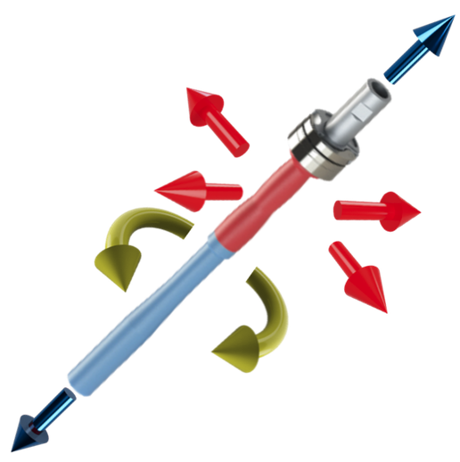 Abbildung des PlyoDyne Bewegungsprinzips mit axialer Griffbewegung, Schaftrotation und mehrachsiger Schaftneigung.